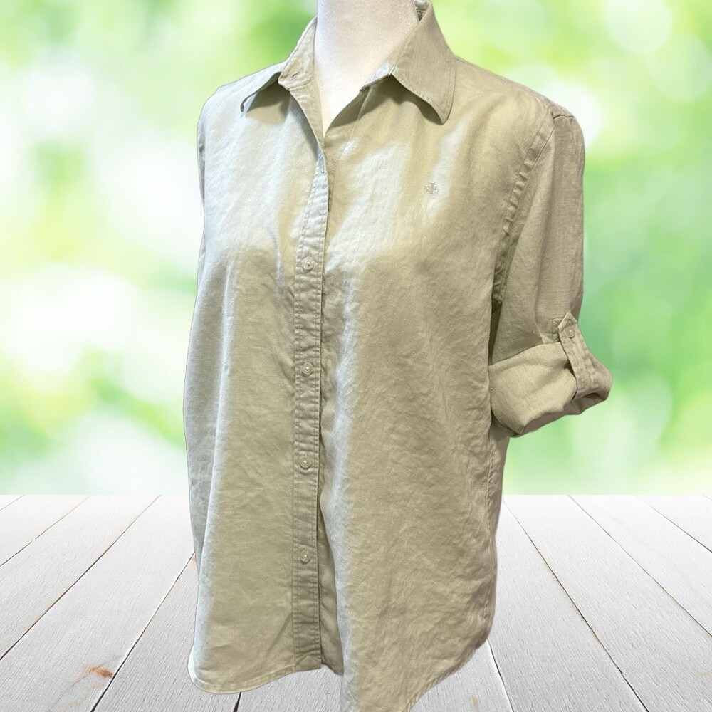LAUREN RALPH LAUREN Linen Shirt Long Roll Tab Sleeve Monogram Light Green Size S
